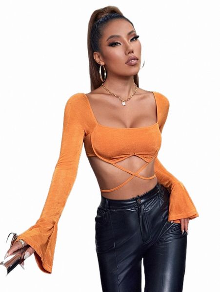

women's t-shirt crisscross tie back flounce sleeve 23ui#, White