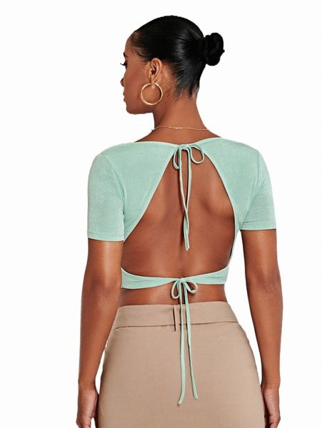

women's t-shirt ruched bust tie backless crop tee p9bm#, White