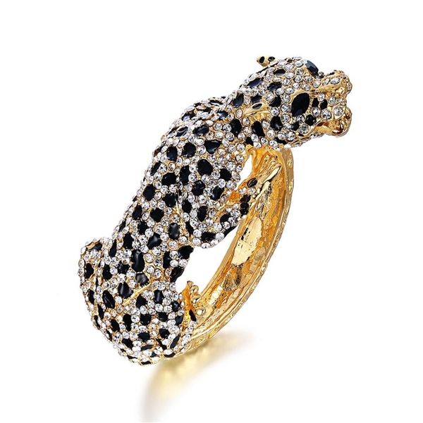

leopard panther bangle women bracelet femme enamel animal crystal party gift gold brazalete mujer indian jewelry kpop fashion 2109242p, Black