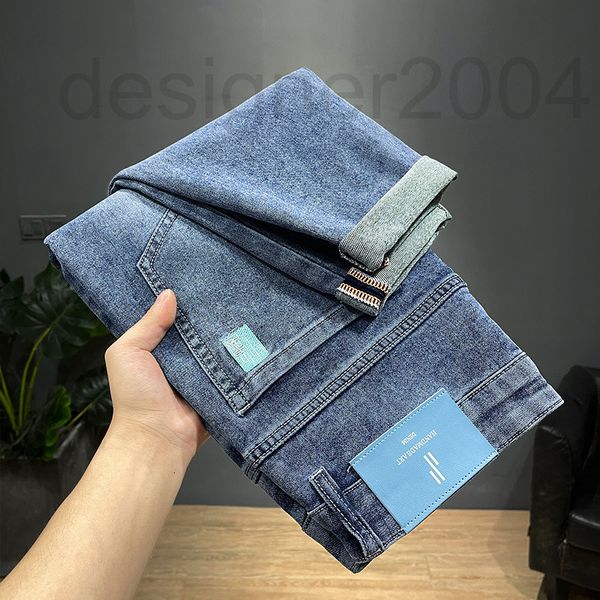 

men's jeans designer summer thin men's jeans slim straight feet chinese style waist trend pants wash white cat beard long tide fr2, Blue