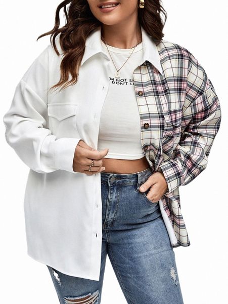 

plus size outerwear & coats plus plaid print drop shoulder coat z74n#, Black