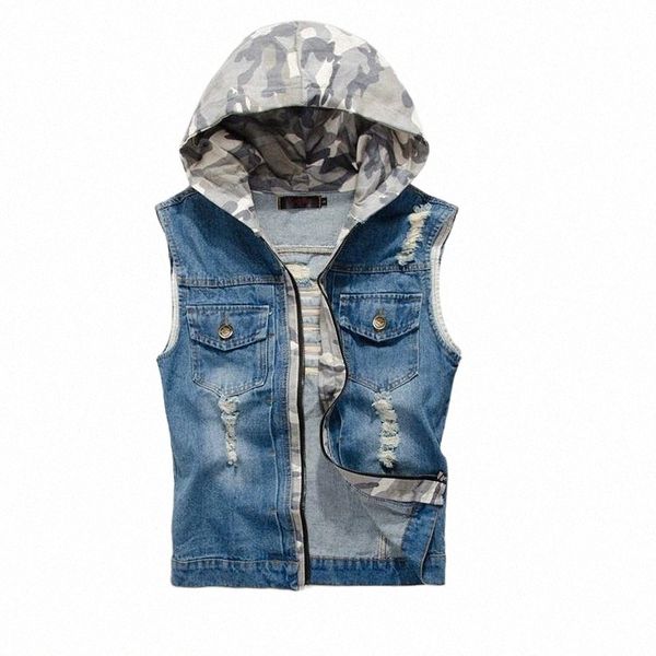 

men's vests wholesale- 2017 ripped jean jacket mens denim vest jeans waistcoat men cowboy brand sleeveless jacket male tank hooded vest, Black;white