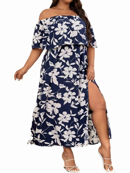 

plus size dresses plus floral print off shoulder split thigh dress g5ua#, Black