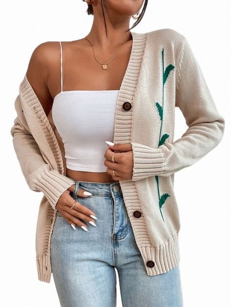 

women's sweaters plant pattern button front cardigan q2j1#, White;black