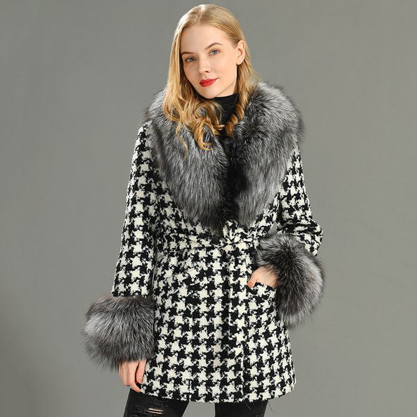 

women's wool blends ladies fur jacket long woolen coat big real fur collar and sleeves women real fur jacket 220908, Black