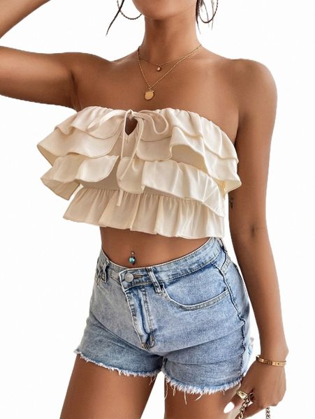 

women's t-shirt petite tie front layered ruffle trim tube s8kr#, White