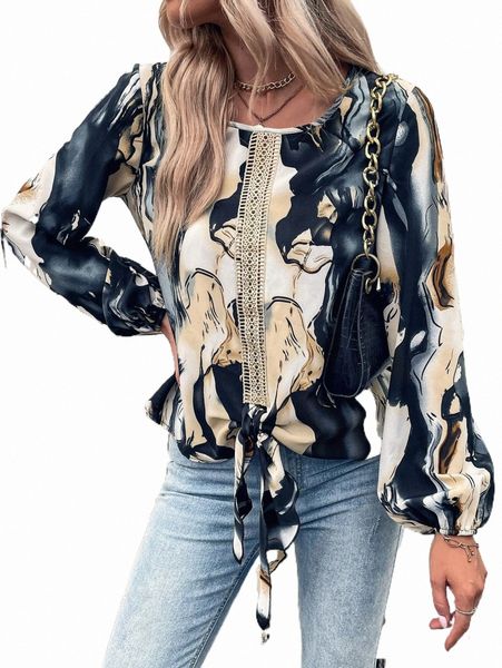 

women's blouses & shirts allover print knot hem b3gr#, White