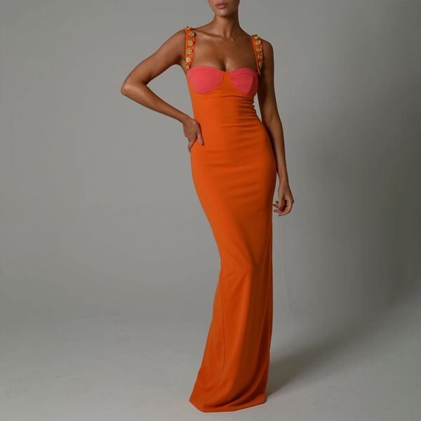 

Fashion orange women lady maxi long dresses bandage dress bodycon tight slim pencil designers SP0523, As photo