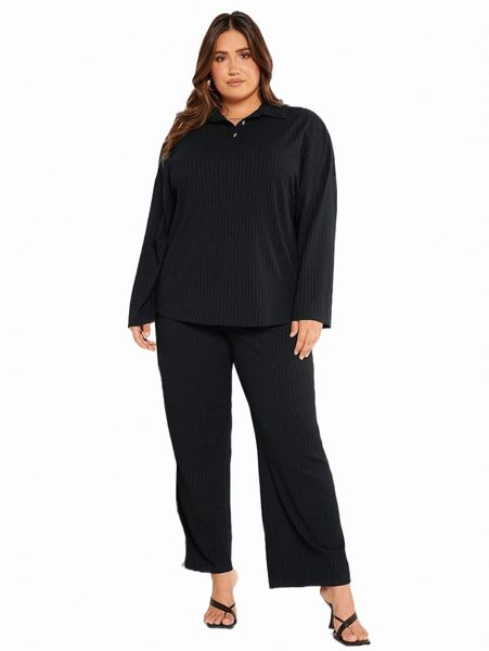 

plus size dresses evolu plus ribbed knit polo neck & pants k3xn#, Black