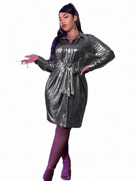 

plus size dresses plus drop shoulder belted metallic shirt dress 78db#, Black