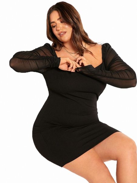 

plus size dresses evolu plus contrast mesh bodycon dress x5tw#, Black