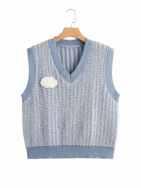 

plus size t-shirt plus cloud patched contrast trim sweater vest j9k0#, Black