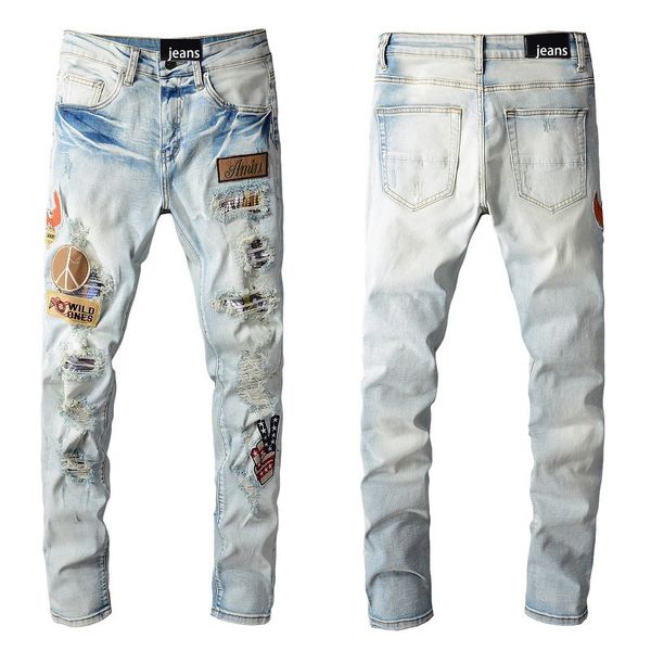 

men's jeans ripped patch embroidered slim-fit skinny pants high street retro light blue collage label fashion