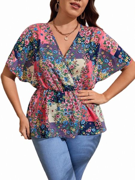 

plus size t-shirt plus floral print butterfly sleeve peplum blouse v6py#, Black