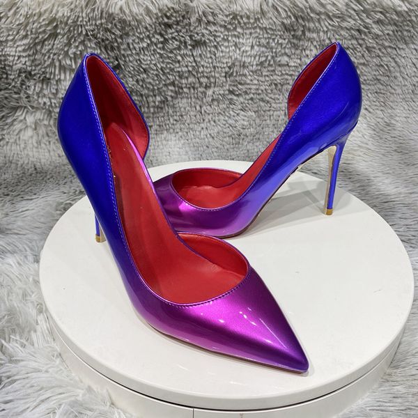 

glossy gradient blue purple shoes summer red bottom women d'orsay side cut pointy toe high heel shoes plus size 33-45 elegant stiletto, Black