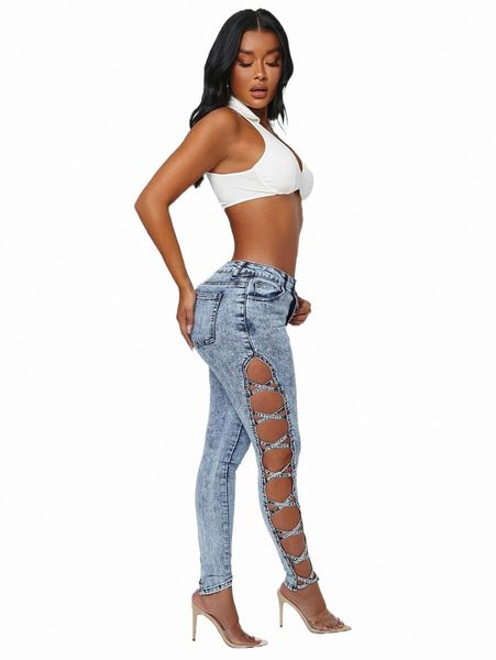 

women's jeans cut out criss cross side skinny jeans 41u6#, Blue