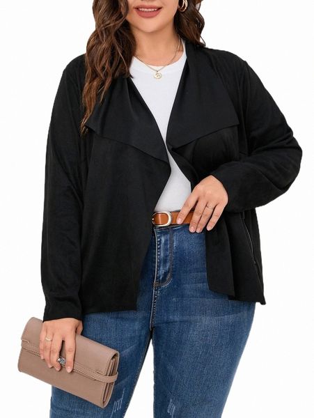 

plus size outerwear & coats plus waterfall collar open front coat 13cb#, Black