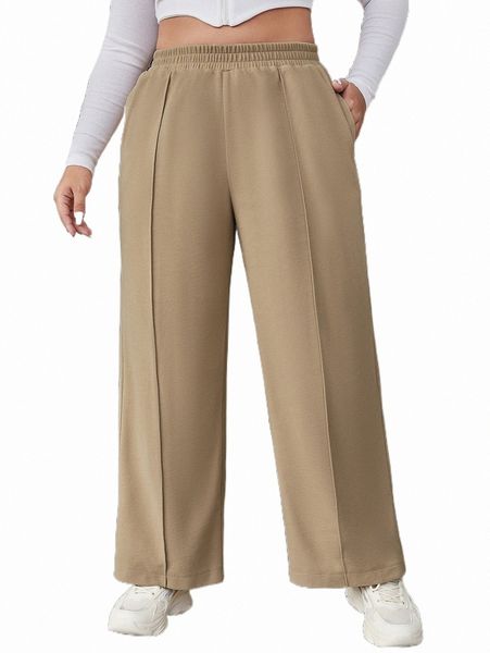 

plus size pants plus high waist seam detail wide leg pants x4ie#, Black