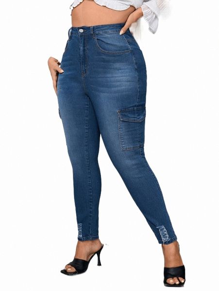 

women's jeans plus high waist ripped flap pocket side skinny jeans l0l3#, Blue