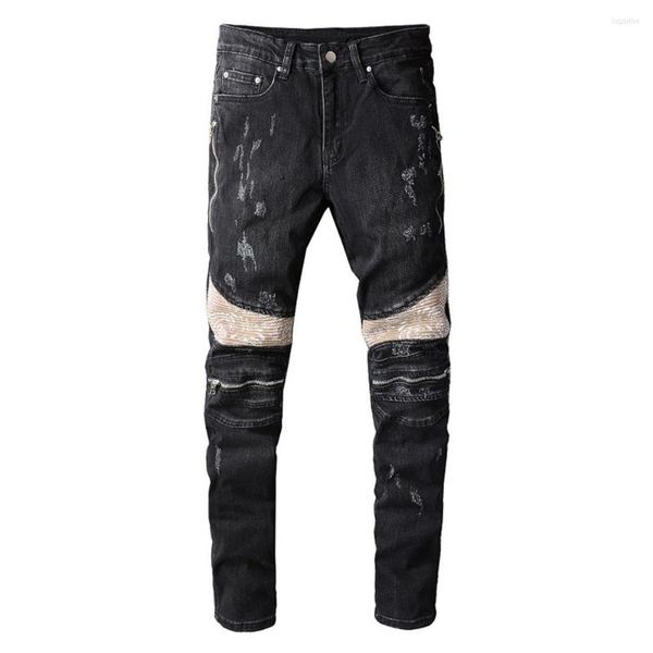 

men's jeans men's bandanna paisley printed patchwork biker streetwear slim skinny stretch denim pencil pants black ripped trousers, Blue