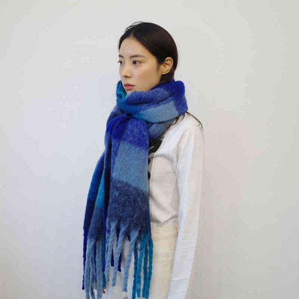 

designer scarf acne sweden studios ac marshmallow stitched mohair rainbow plaid scarf women's autumn and winter ins imitation cashmere, Blue;gray