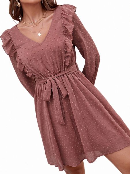 

casual dresses ruffle trim swiss dot self belted chiffon dress g0cf#, Black;gray