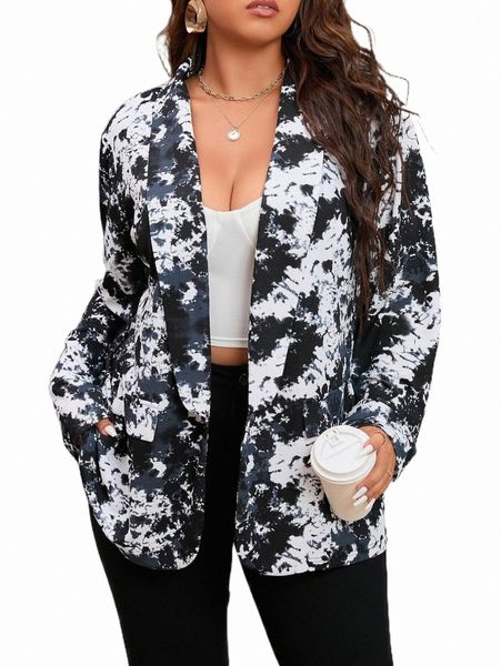 

plus size outerwear & coats plus tie dye shawl collar blazer 70lm#, Black