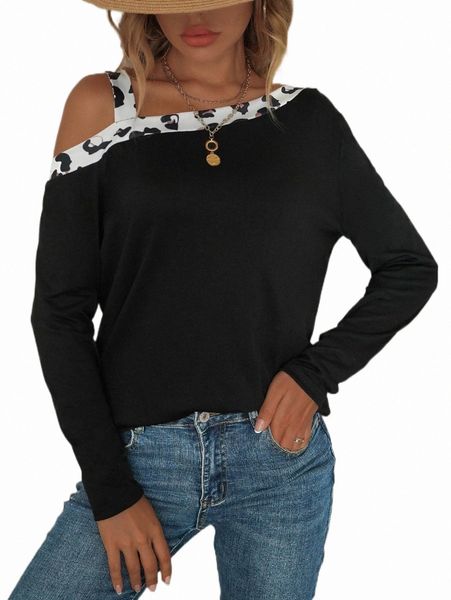

women's t-shirt leopard print asymmetrical neck tee i9jb#, White