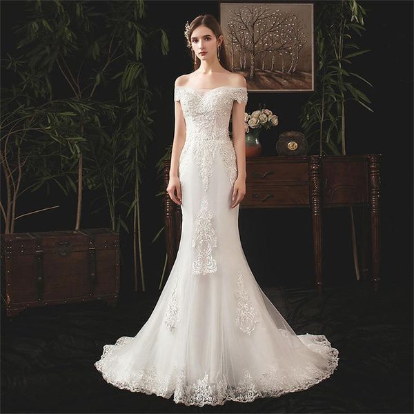 

mermaid wedding dresses off shoulder lace slim embroidery bridal gowns long trail ys1083, White