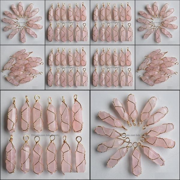 

charms natural stone pink hexagonal pillar charms rose quartz chakra handmade gold iron wire pendants for jewelry making dhseller2010 dhsv6, Bronze;silver