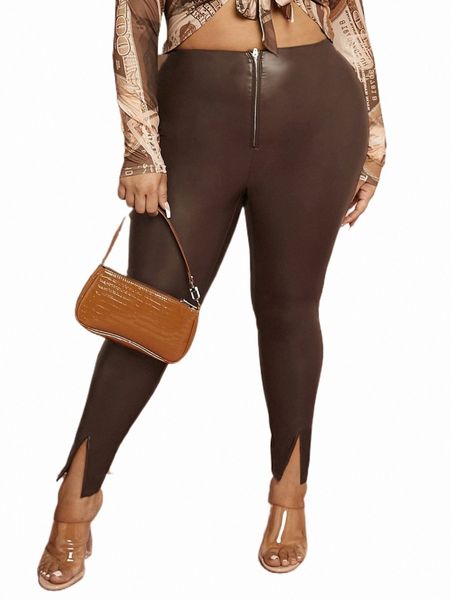 

plus size pants sxy plus zip fly split hem pu leather skinny pants o8cu#, Black