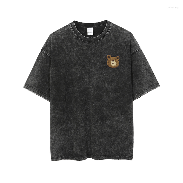 

men's t shirts vintage t-shirt men/women streetwear hip hop graphic cotton bear embroidery tshirt retro washed tee summer clothes, White;black
