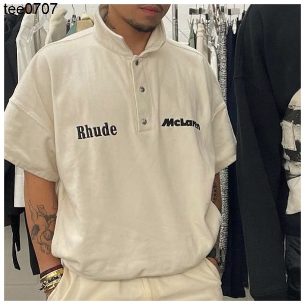 

rhode fashion designer men women tee x mclaren letter embroidered lapel pullover pearl ground cotton men's short sleeve t-shirt, White;black
