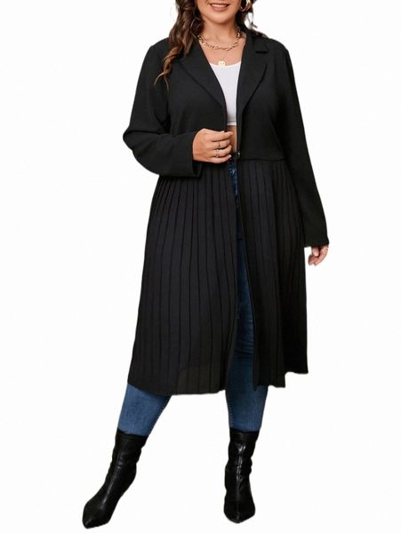 

plus size outerwear & coats plus lapel collar pleated hem coat r5d3#, Black