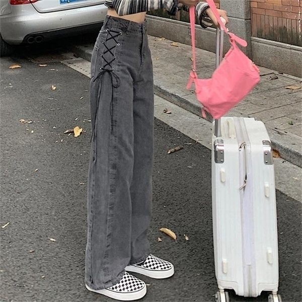 

womens jeans fashion gothic high waist jean chic side lace up wide leg denim pants female harajuku y2k streetwear straight trousers 220907, Blue