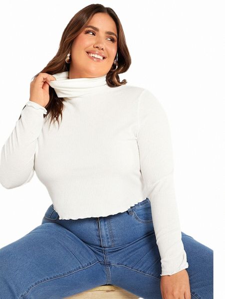 

plus size t-shirt evolu plus high neck lettuce trim rib-knit tee e4gu#, Black