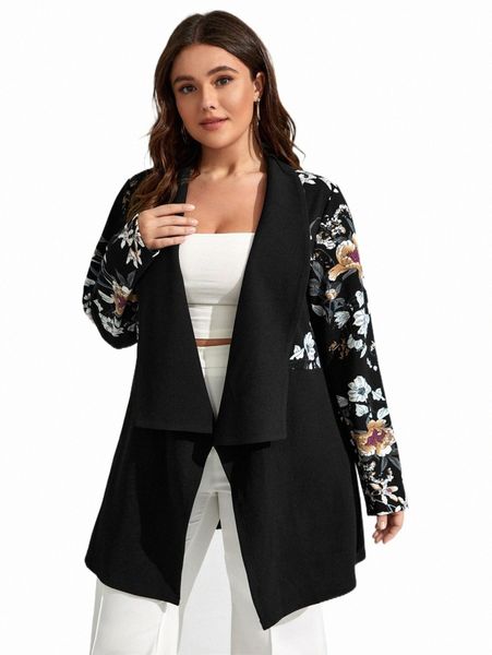 

plus size outerwear & coats plus floral print waterfall collar coat 04an#, Black