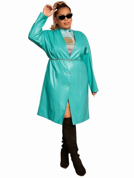 

plus size outerwear & coats sxy plus drop shoulder pu leather coat without chain j7ko#, Black