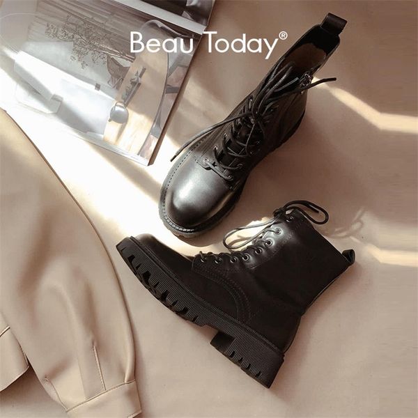 

boots beautoday ankle boots women platform cow leather round toe laceup zipper closure autumn winter shoes thick sole handmade 04420 220908, Black