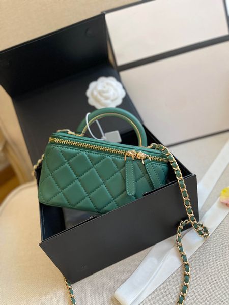 

tz 22s handle handbag long box cosmetic case bags zipper with mirror bag classic solid color rhombus pattern gold metal chain crossbody bag