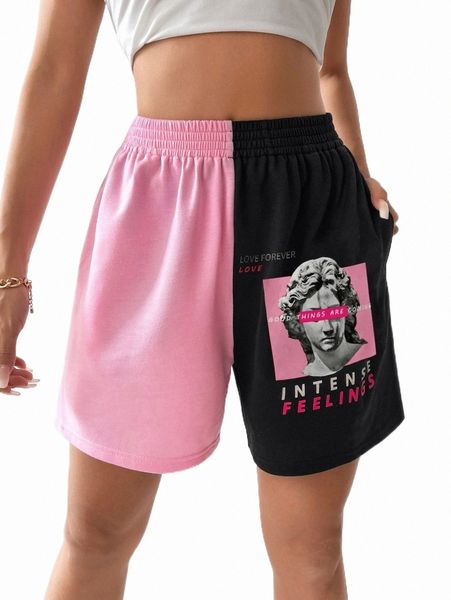 

women's shorts two tone sculpture & slogan graphic shorts x9ft#, White;black