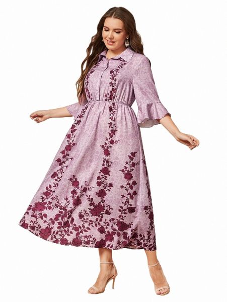 

plus size dresses plus floral print flounce sleeve shirt dress z1jp#, Black