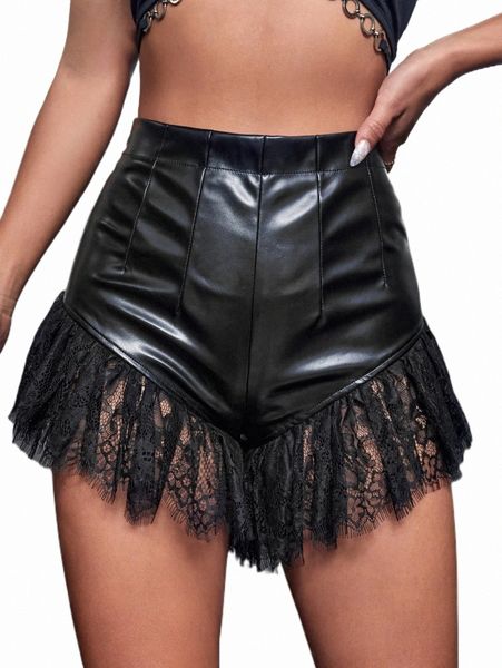 

women's shorts high waist contrast lace pu shorts 06o2#, White;black
