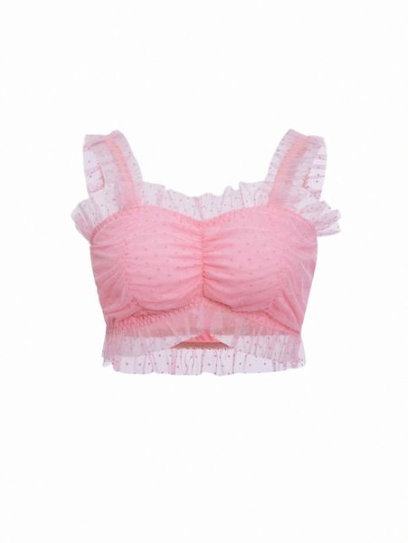 

women's sleepwear polka dot mesh ruched frill trim bralette 134s#, Black;red