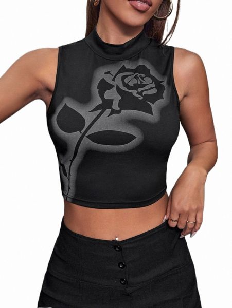 

women's tanks & camis rose print mock neck crop tank i50d#, White