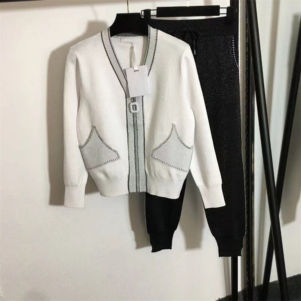 

women's two piece pants early fall new flash silk cardigan small foot pants of autumn knitted set sport suit for women, White
