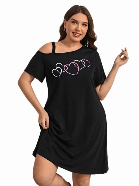 

plus size dresses plus heart print asymmetrical neck tee dress m1rg#, Black