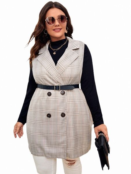 

plus size outerwear & coats plus plaid double breasted blazer without belt a1yg#, Black
