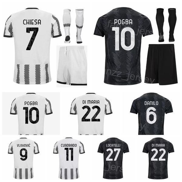 

man kids 2022-23 club 7 chiesa soccer jersey set 10 pogba 8 mckennie 11 cuadrado 25 rabiot 6 danilo 22 di maria 9 vlahovic football shirt ki, Black