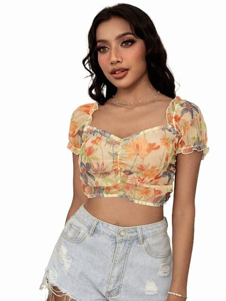 

women's sleepwear floral print mesh puff sleeve ruched bralette y3do#, Black;red